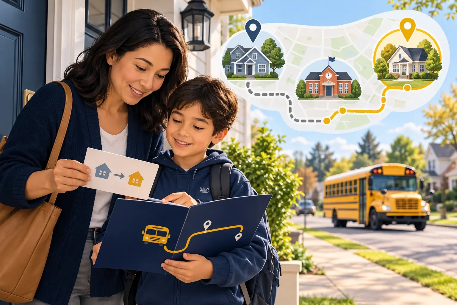 Editorial illustration of a family reviewing an address change and school bus route.