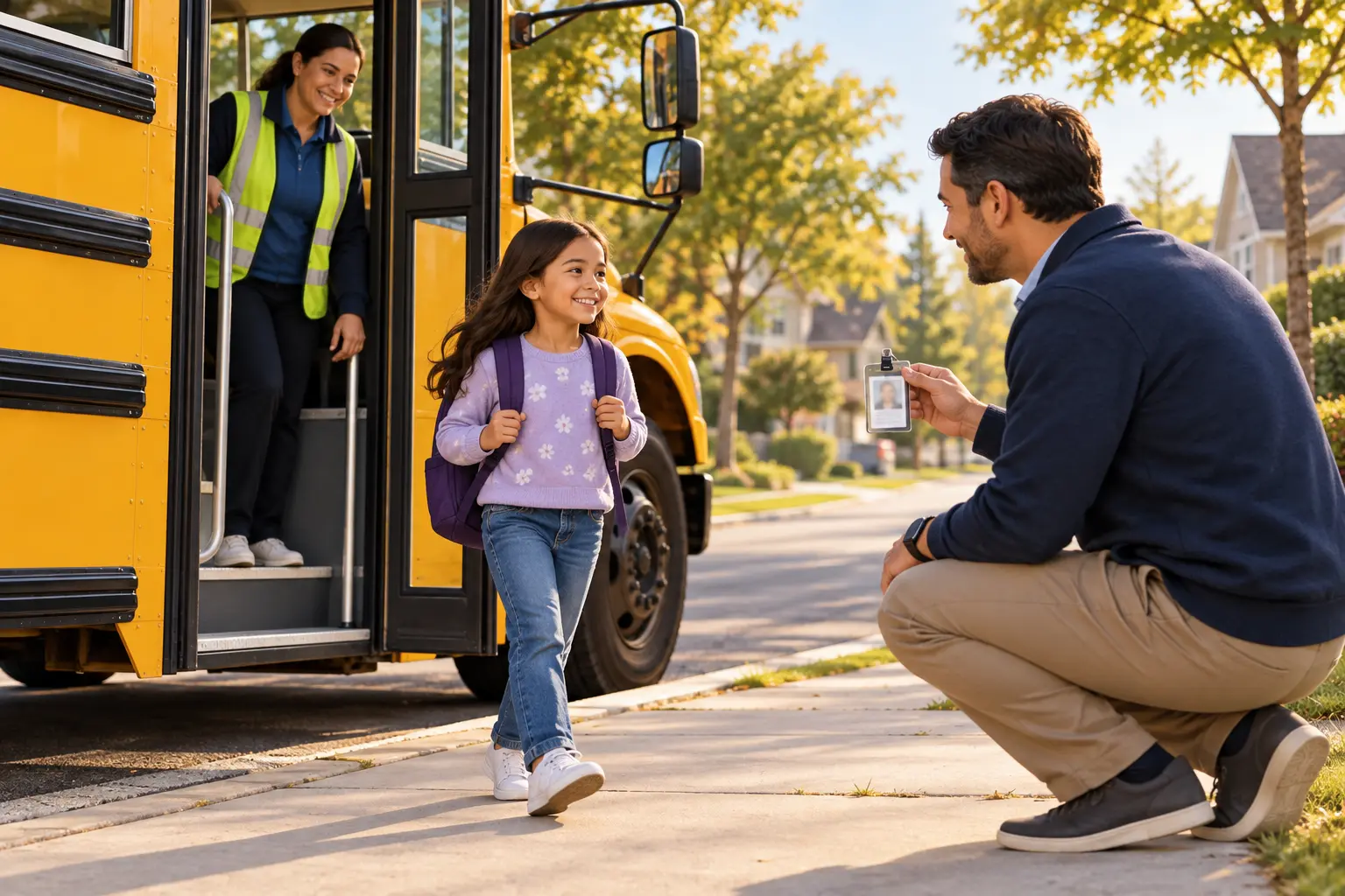 Editorial illustration of an authorized adult showing identification while meeting a child at a school bus stop.