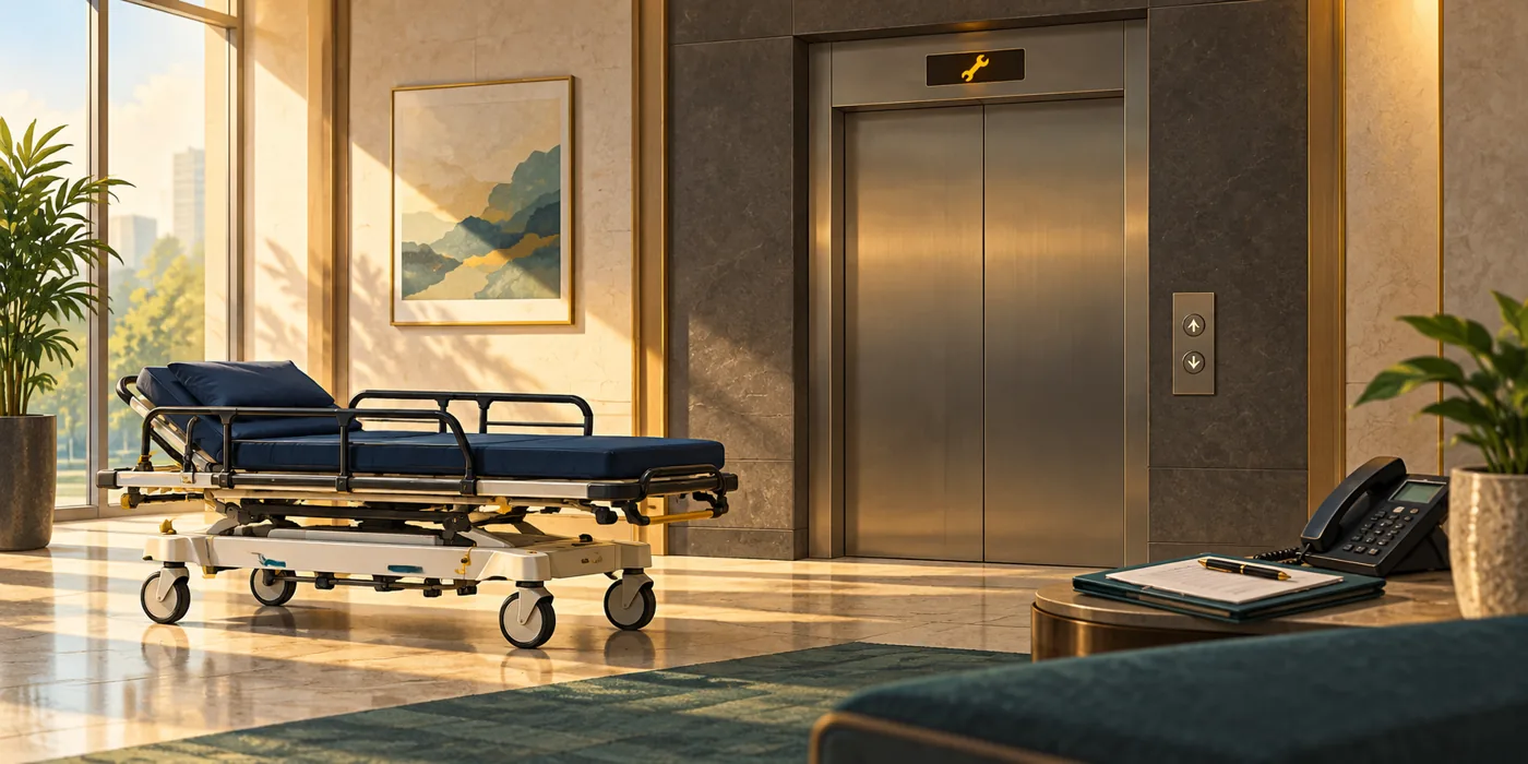 Editorial illustration of a closed elevator and empty stretcher in a building lobby.