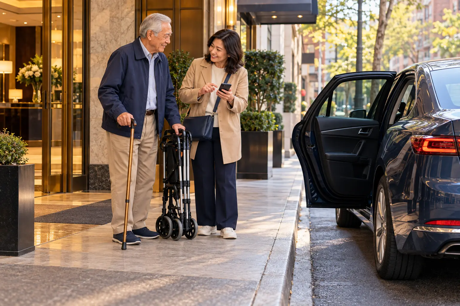 Editorial illustration of a passenger preparing a folding walker and cane for a prebooked sedan ride.