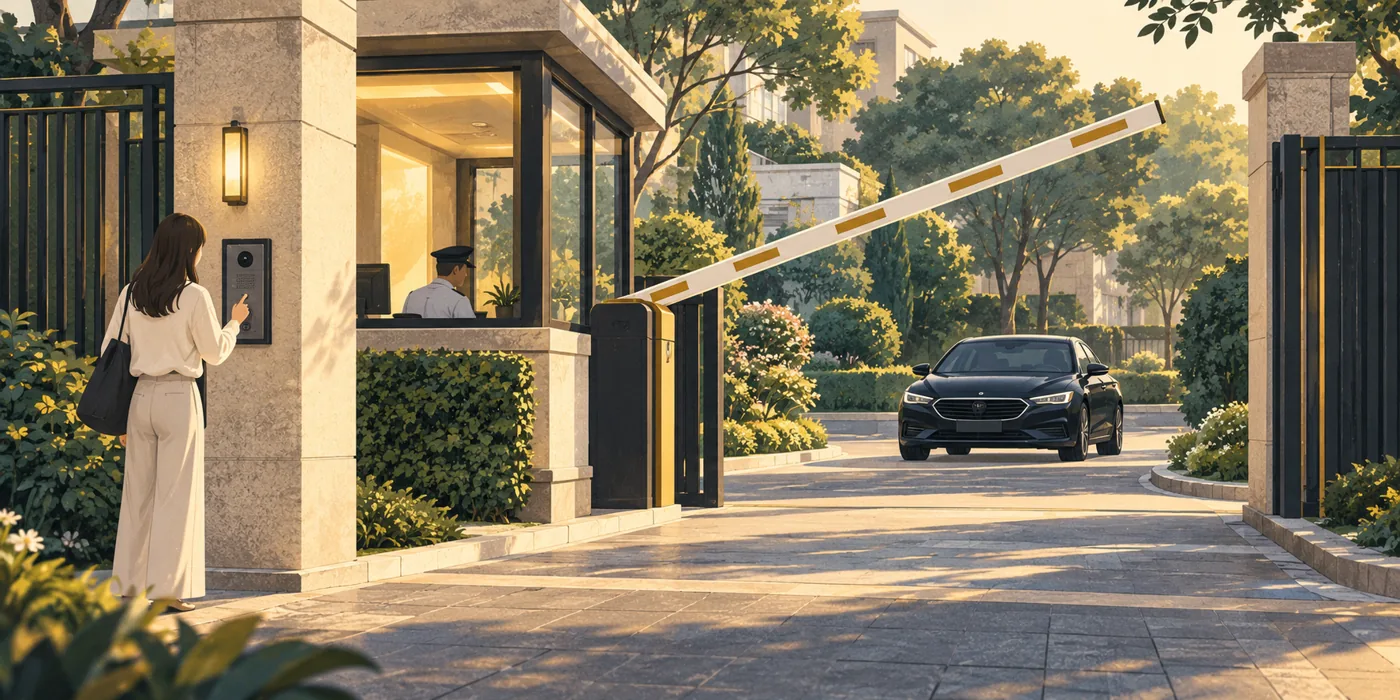 Editorial illustration of a gated residential pickup entrance with a waiting sedan.