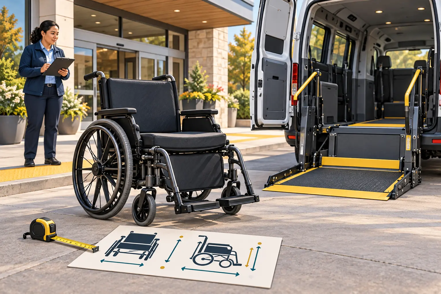 Editorial illustration of a larger empty wheelchair, measurement tools, and an accessible vehicle lift.