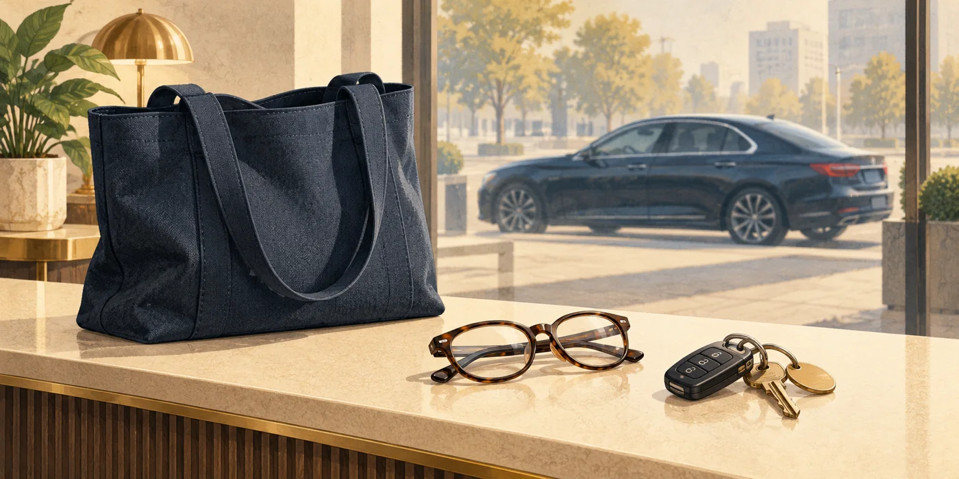 Editorial illustration of a tote, glasses and keys at a lost-property counter.