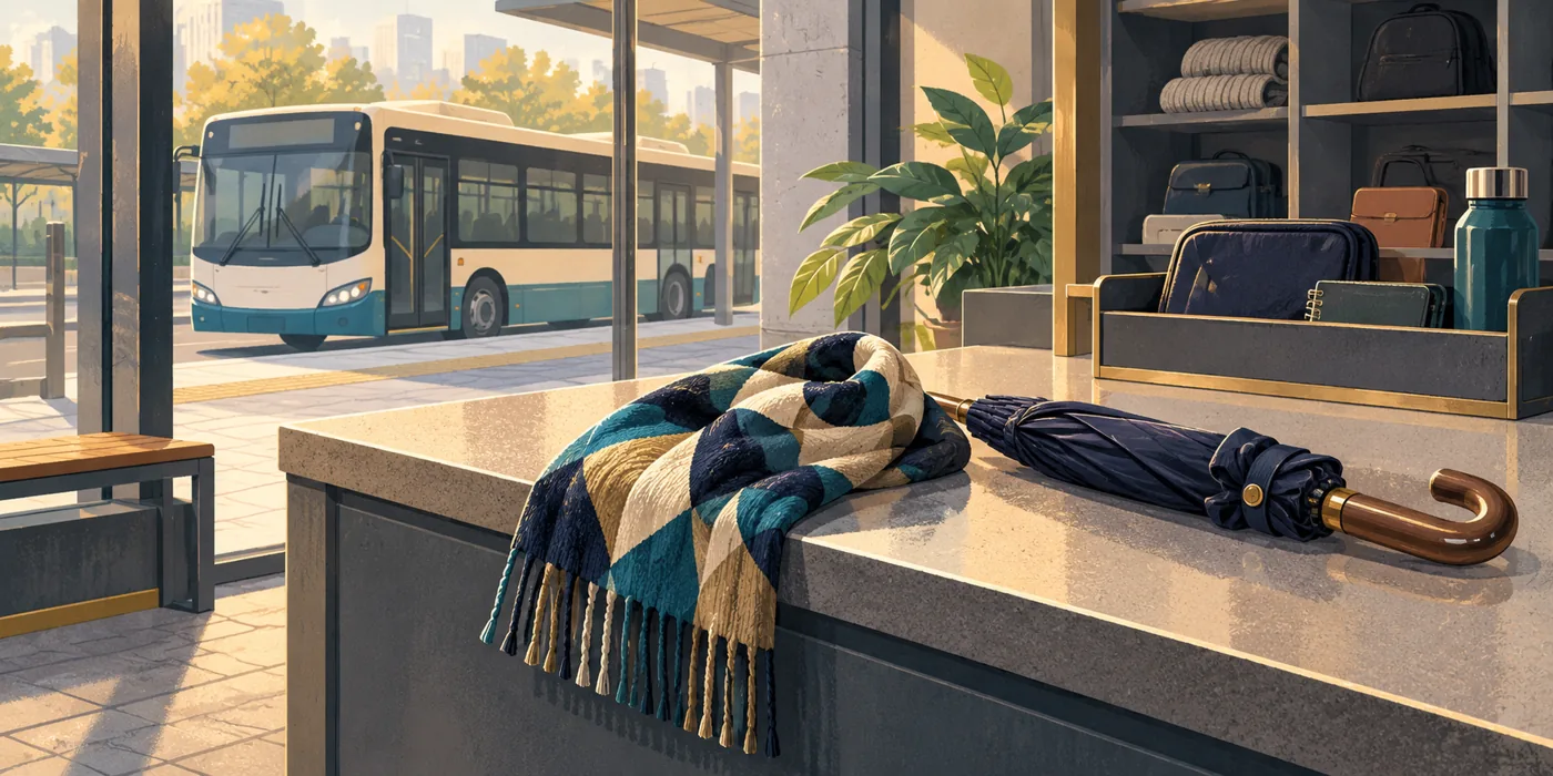 Editorial illustration of a scarf and umbrella at a public-transit lost-property counter.