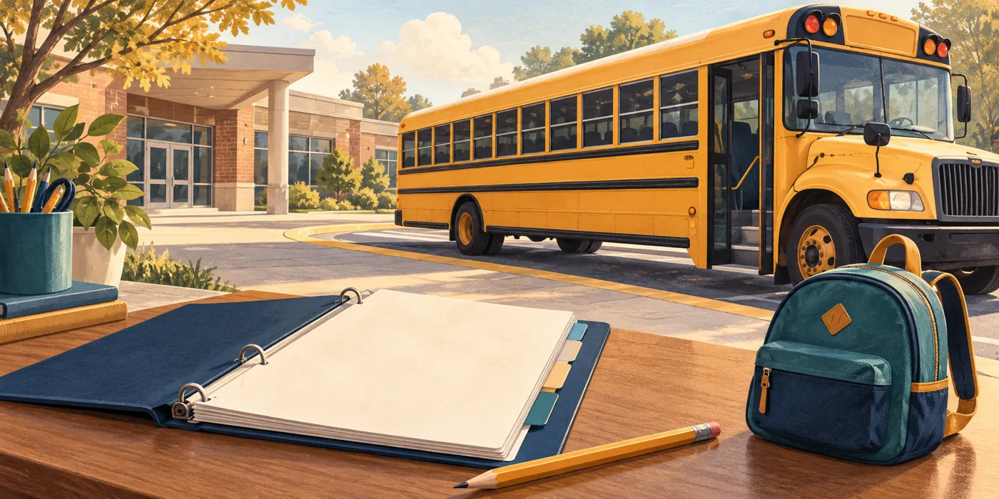 Editorial illustration of a school bus, route folder, and new backpack.