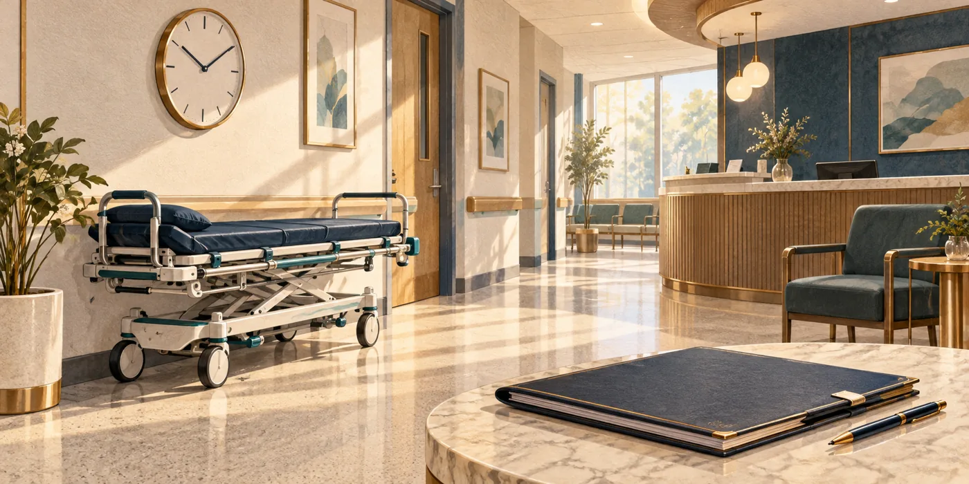 Editorial illustration of an empty stretcher and appointment folder at an outpatient reception area.