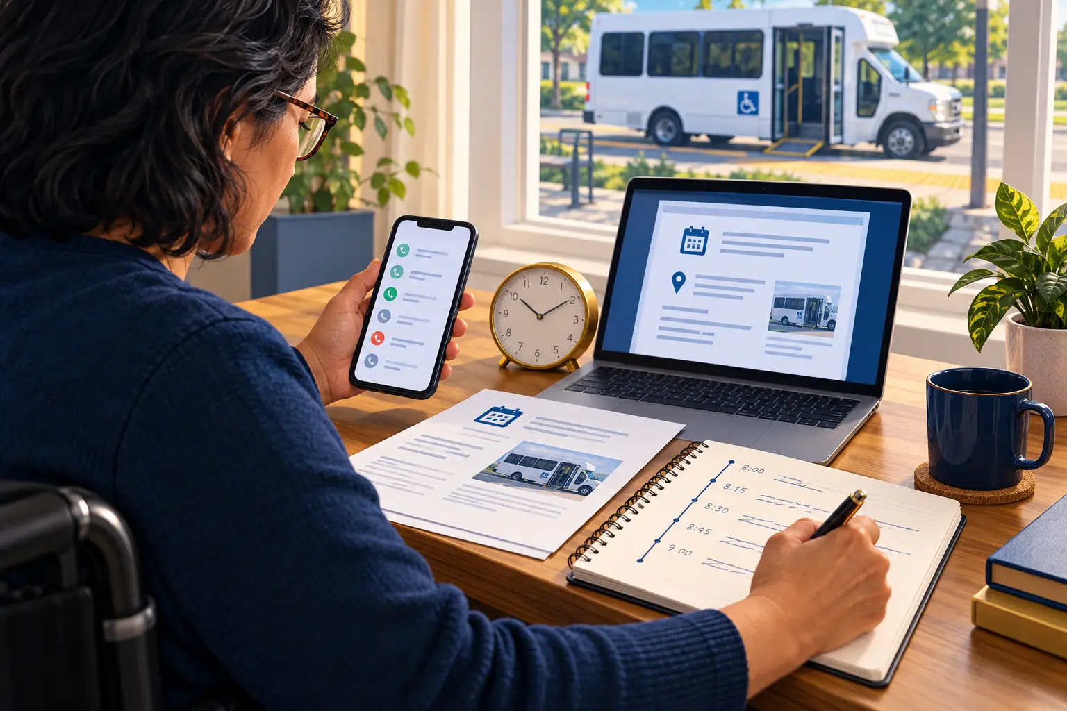 Editorial illustration of a passenger reviewing a reservation, call log, clock, and trip timeline.