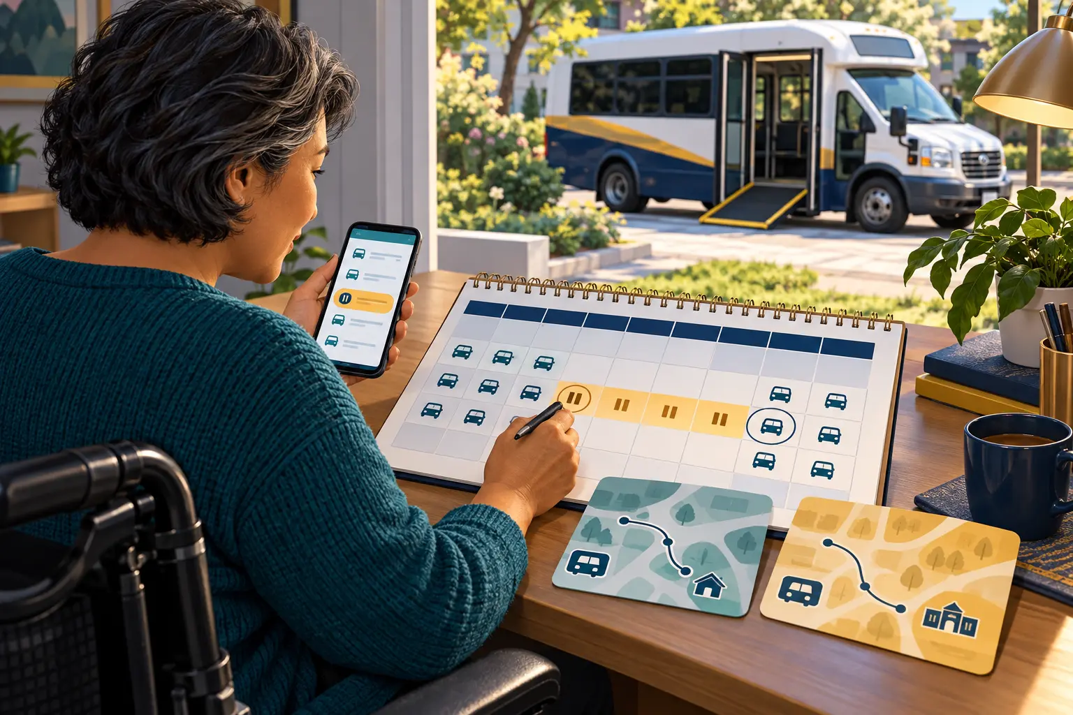 Editorial illustration of a paratransit rider marking pause and restart dates on a recurring trip calendar.