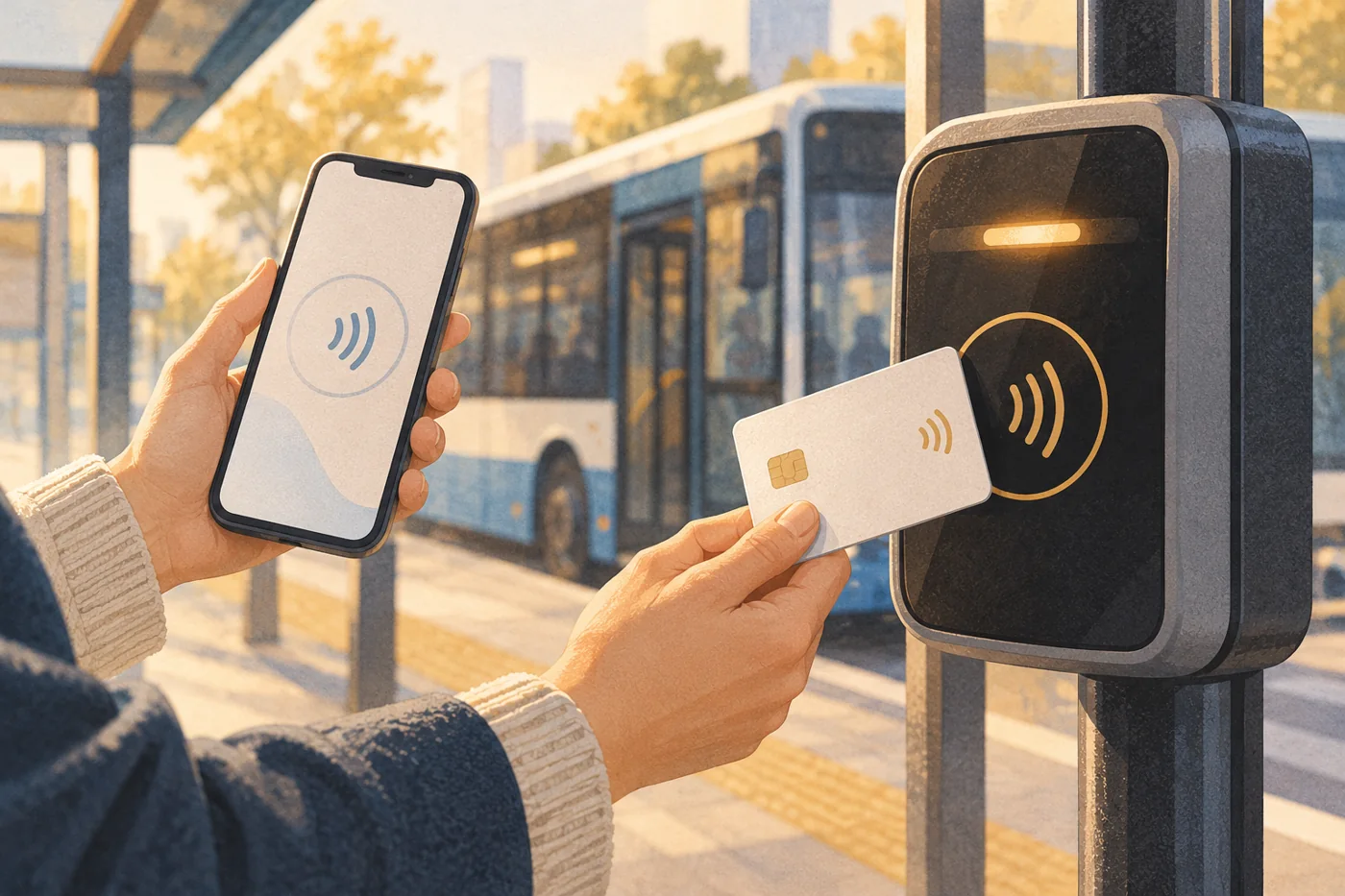 Editorial illustration of a payment card and phone beside a bus fare reader.