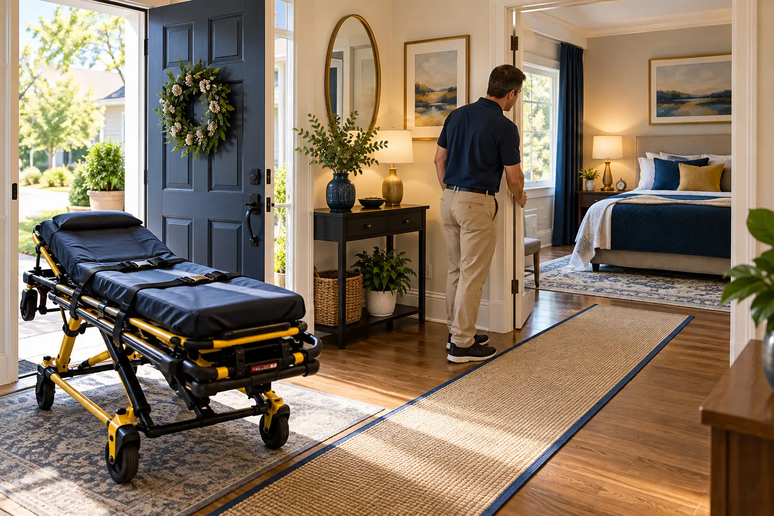 Editorial illustration of an empty stretcher beside a clear path into a prepared home bedroom.
