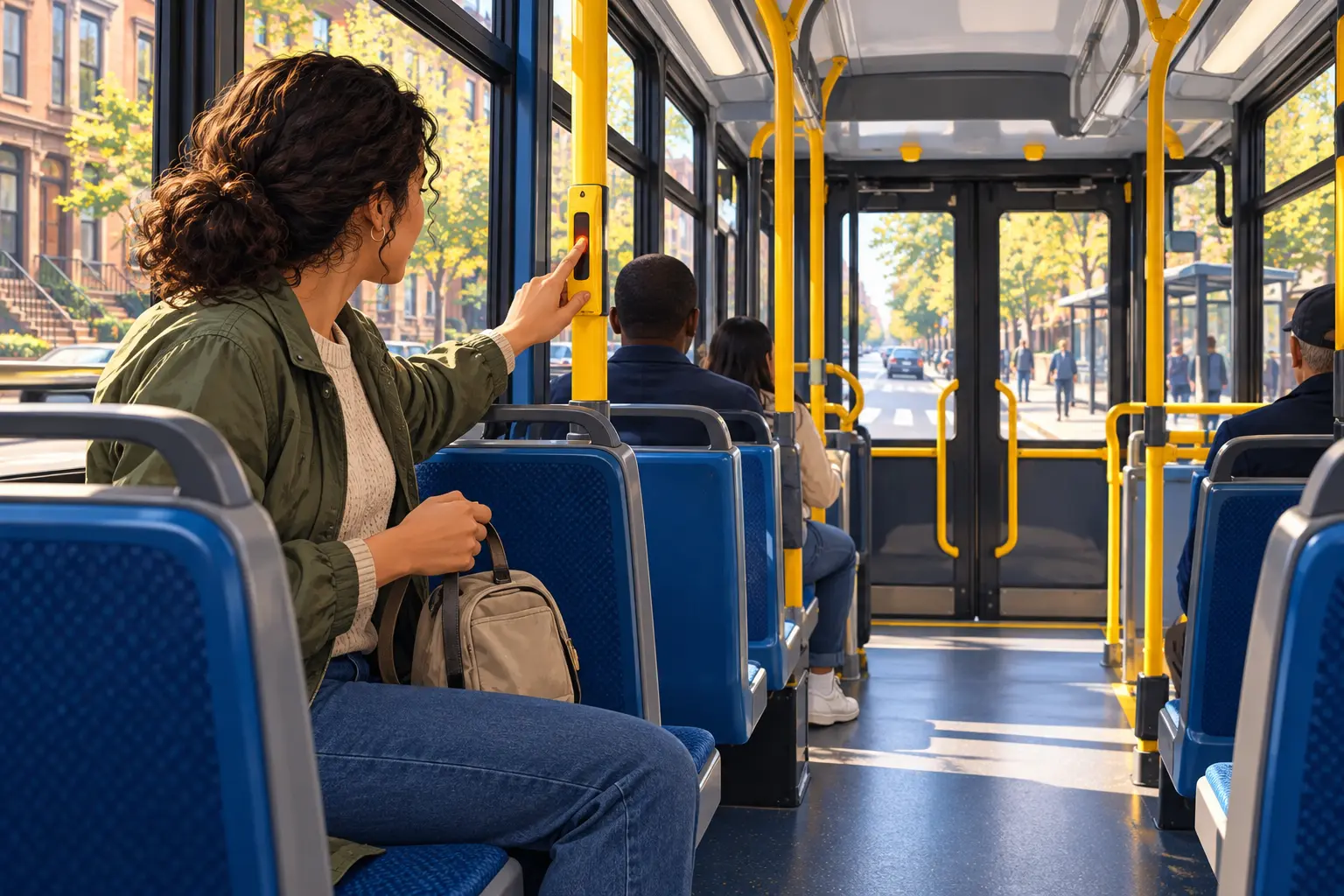 Editorial illustration of a seated passenger pressing a stop-request strip inside a city bus.