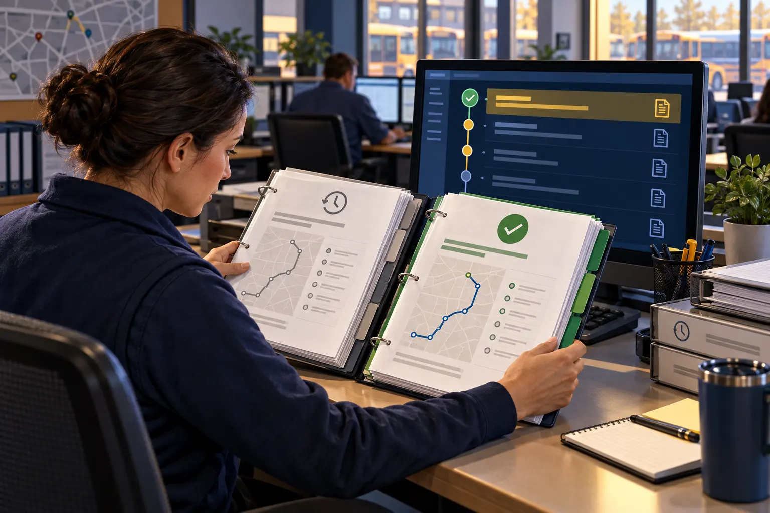 Editorial illustration of a dispatcher comparing the approved route-sheet version with an archived copy.
