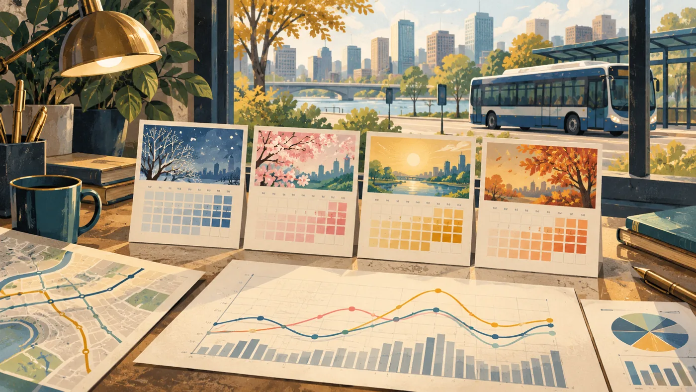 Editorial illustration of seasonal calendars and ridership charts on a transit-planning table.