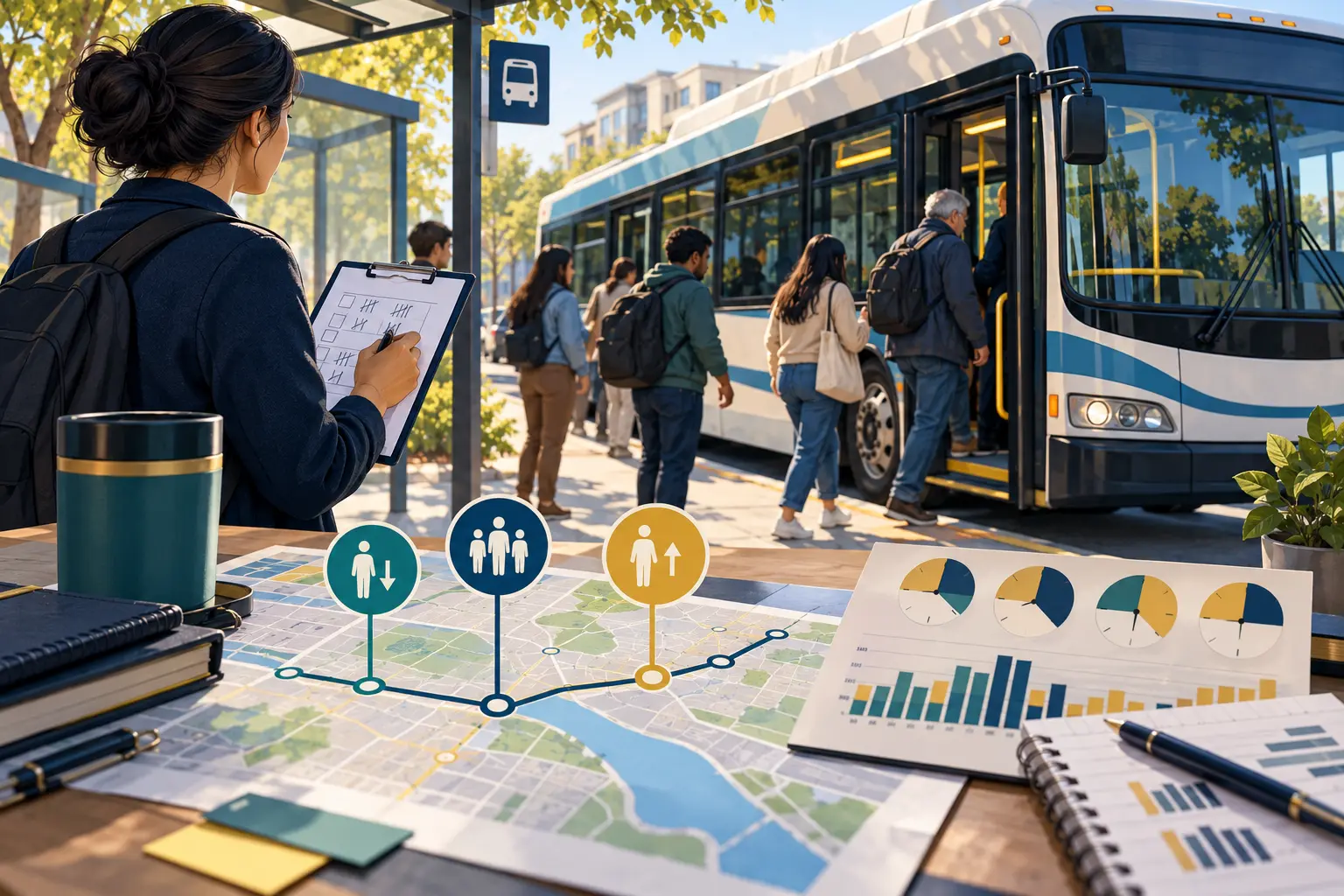 Editorial illustration of a transit planner collecting stop-level passenger counts beside a public bus.