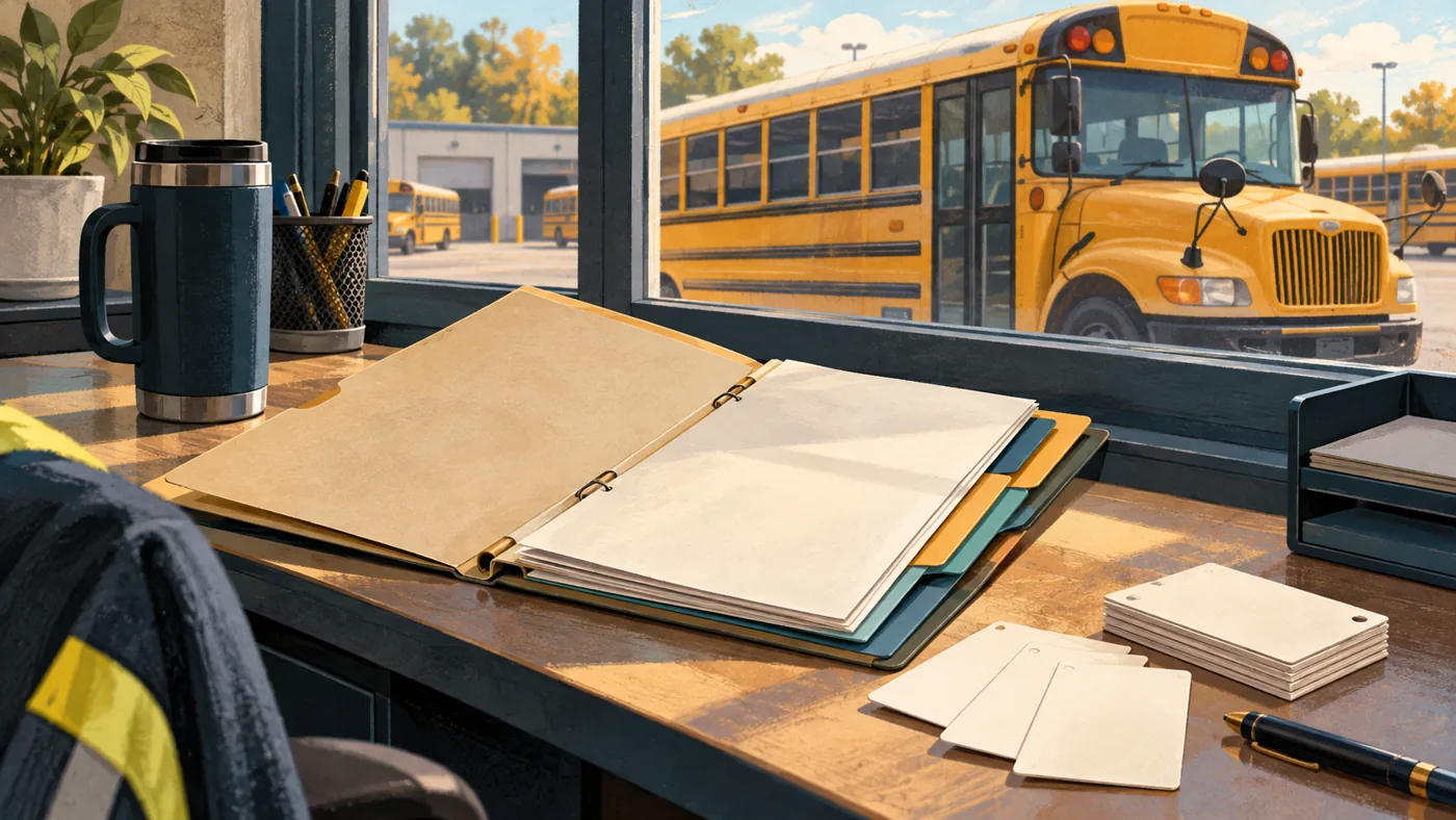 Editorial illustration of a school-route briefing folder with a parked school bus beyond the window.