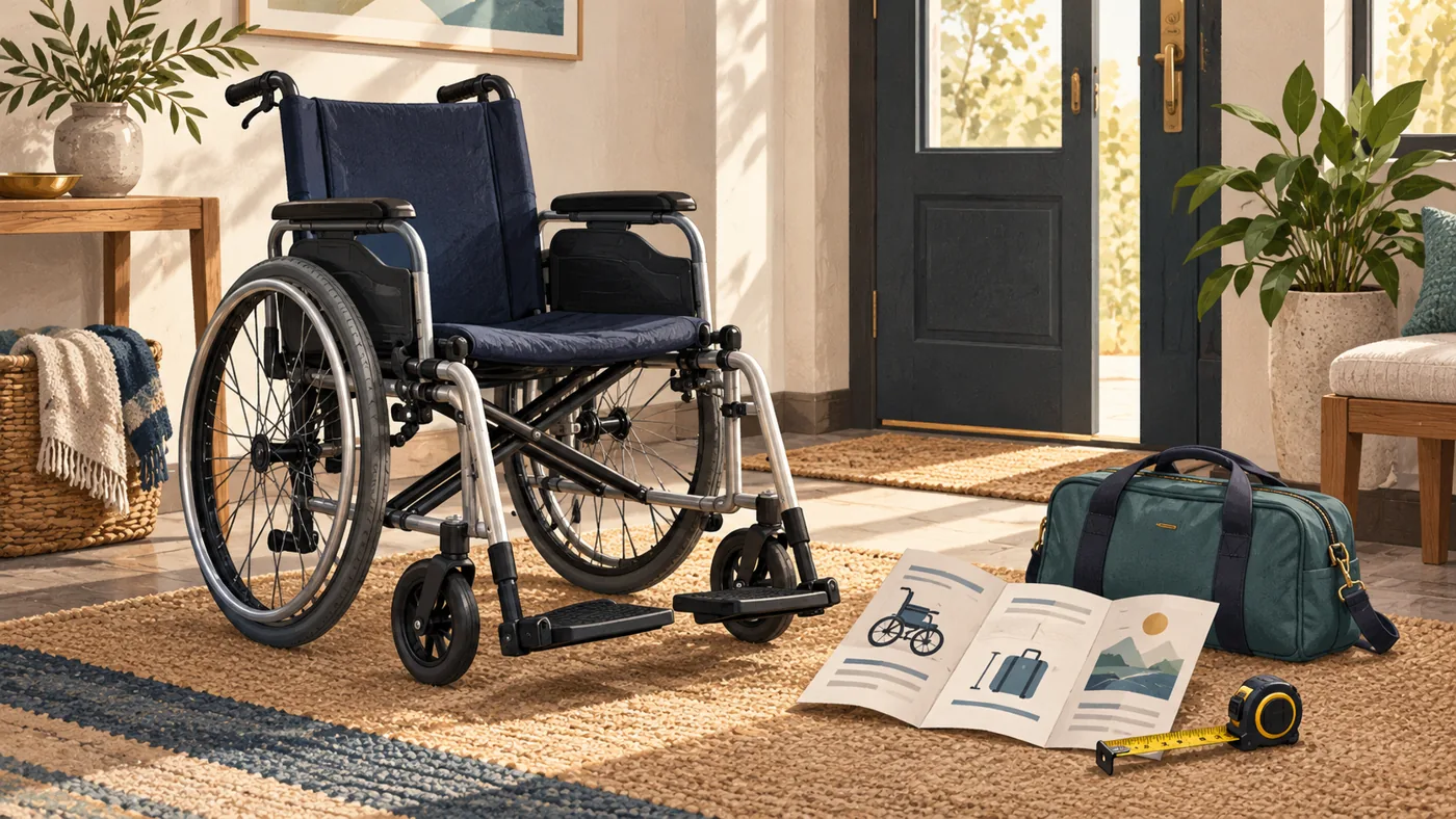 Editorial illustration of a temporary manual wheelchair and trip-planning items.