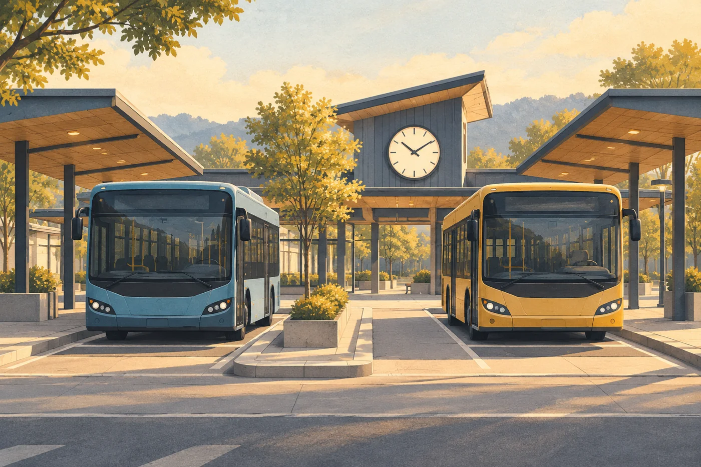 Editorial illustration of two buses at neighboring transfer bays beneath a station clock.