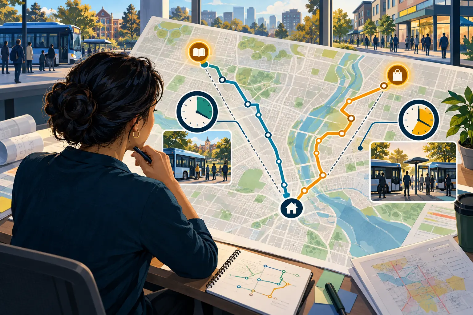 Editorial illustration of a transit planner comparing two routes with similar distance but different travel times.