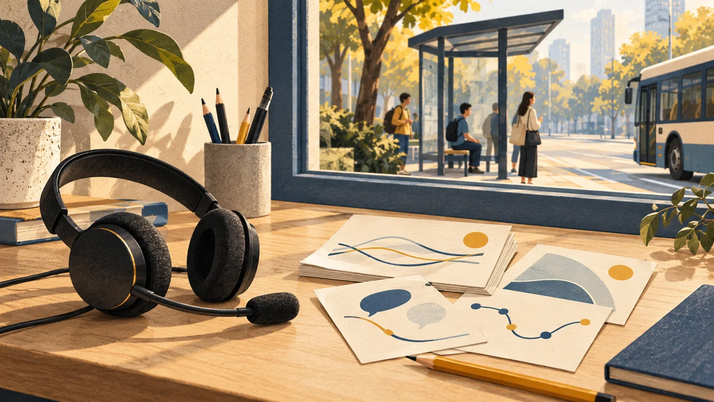 Editorial illustration of a headset and passenger feedback cards in a transportation office.