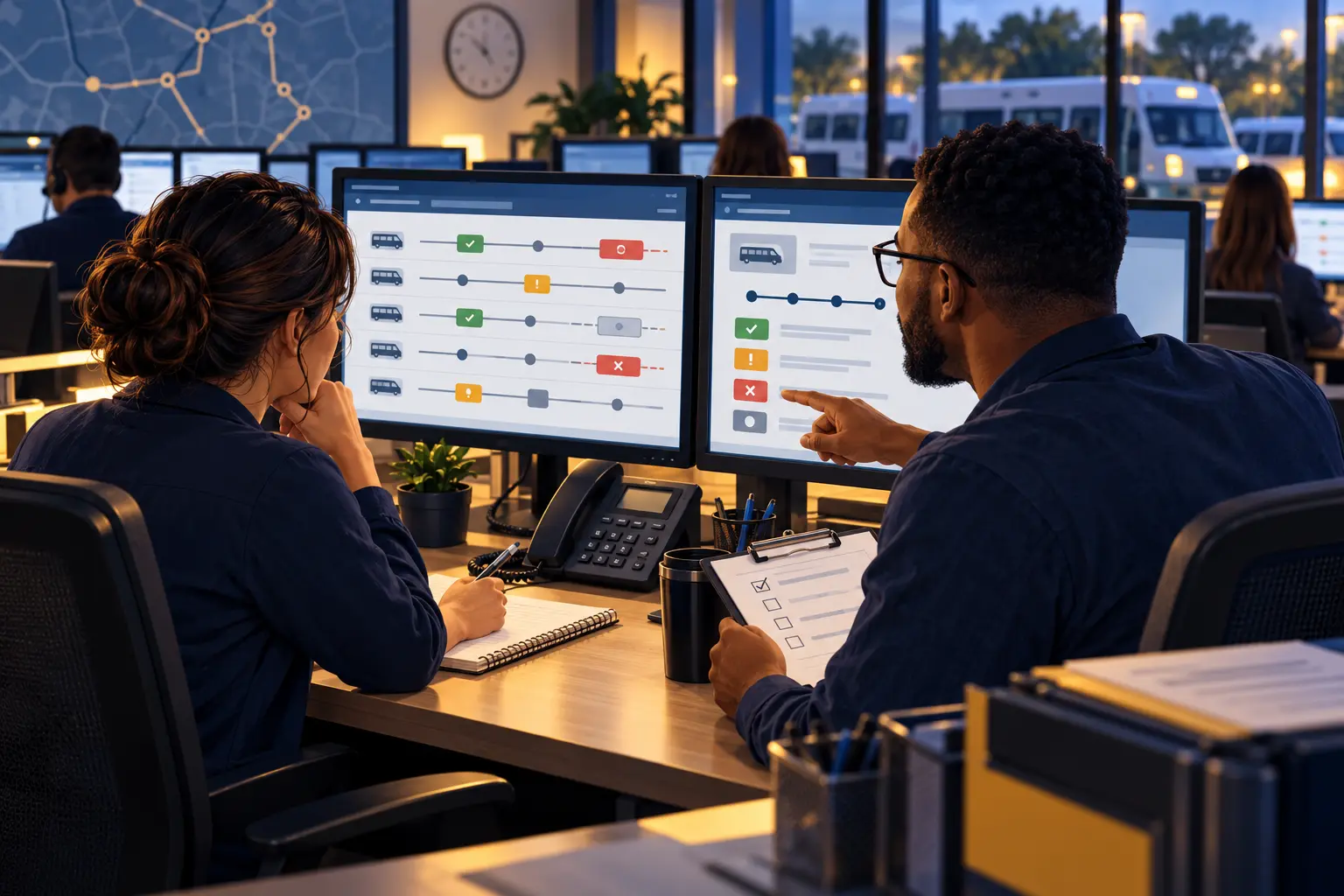 Editorial illustration of dispatchers reviewing trip timelines and transportation status codes.