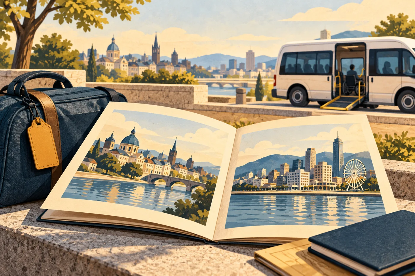 Editorial illustration of a travel folder, luggage and a paratransit vehicle for a city visit.